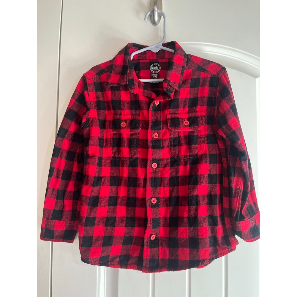 Wonder Nation Boys XS 4-5 Red Black Buffalo Plaid Flannel